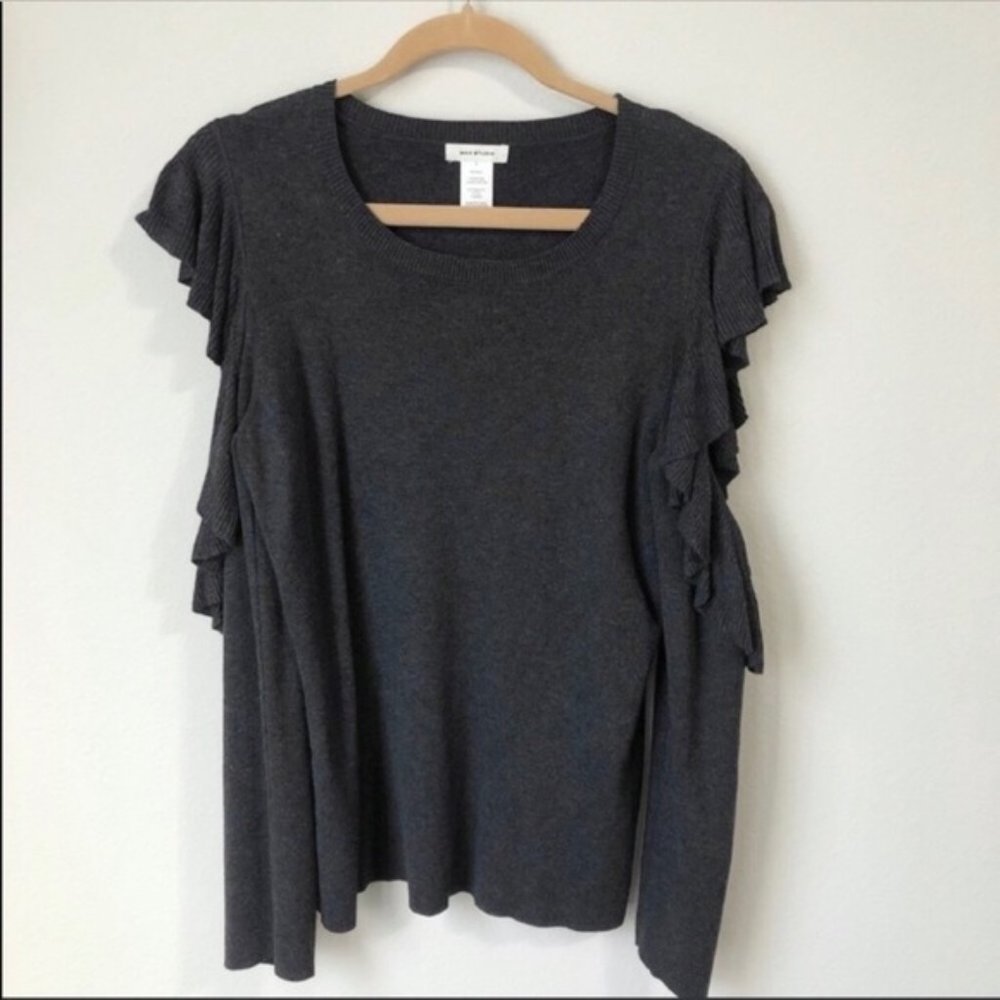 Max Studio Grey Gray Ruffled Cold Shoulder Sweater - Picture 4 of 6